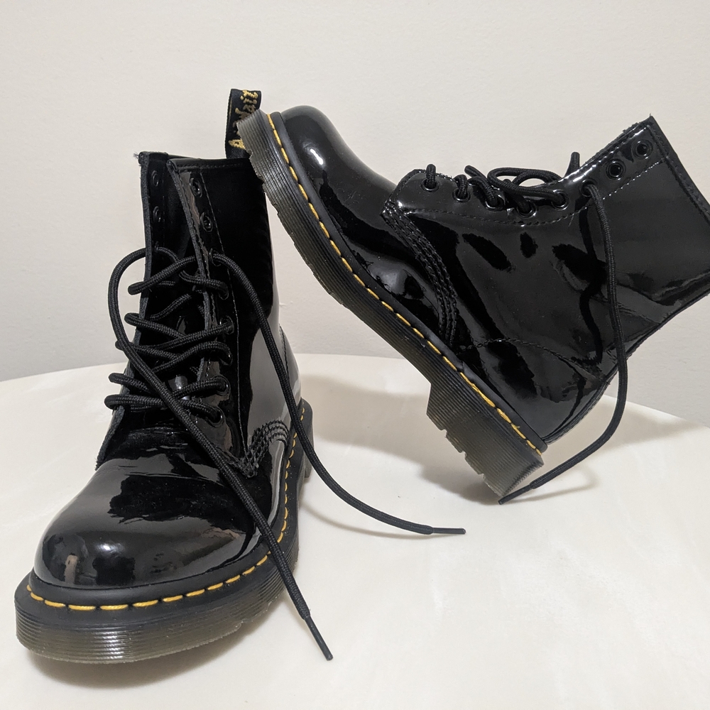 Dr Martens Women’s Black Patent Lace-Up Combat Boots with Yellow Stitching